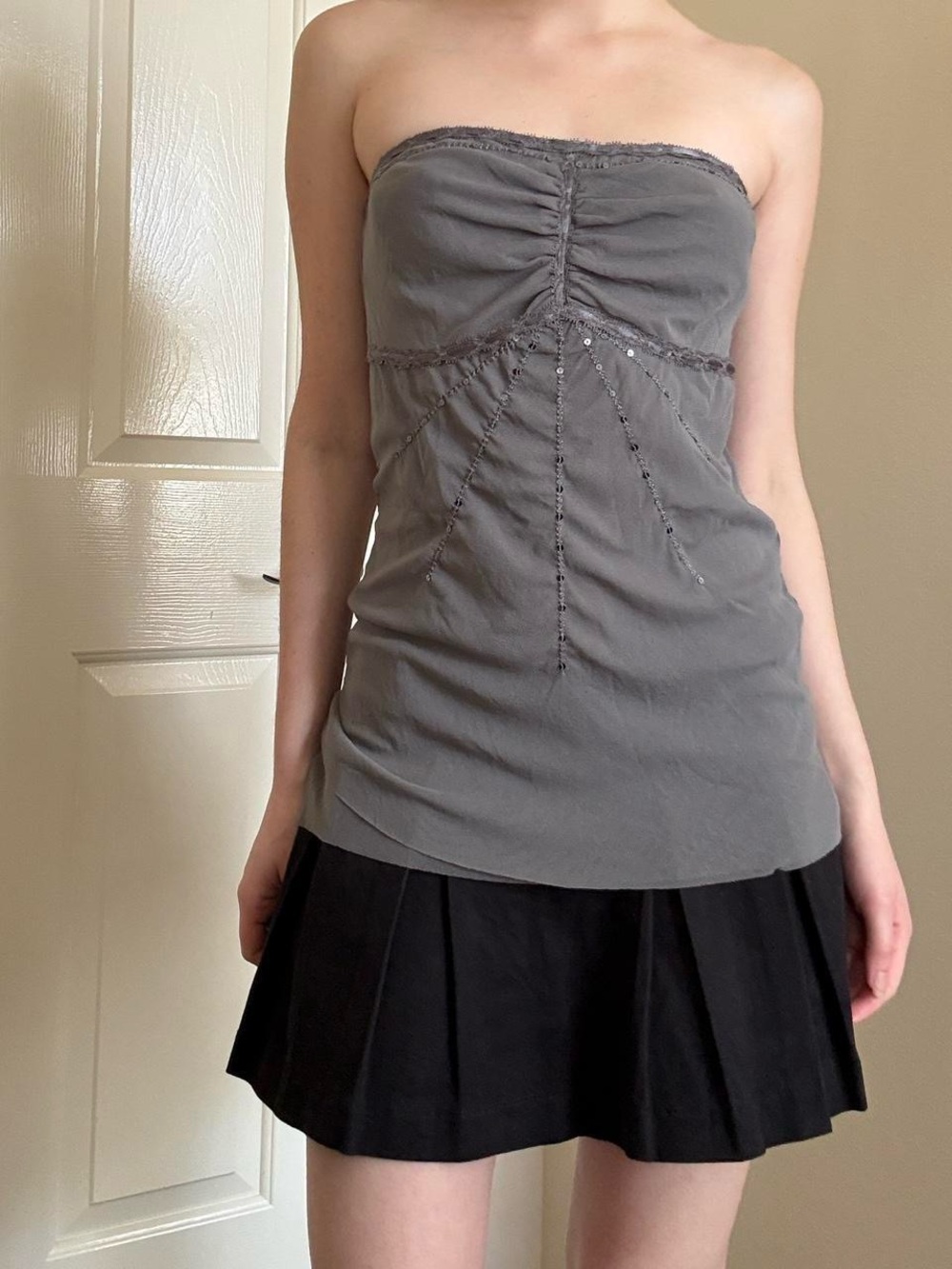 The Limited Gray Strapless Beaded Ruched Tube Top